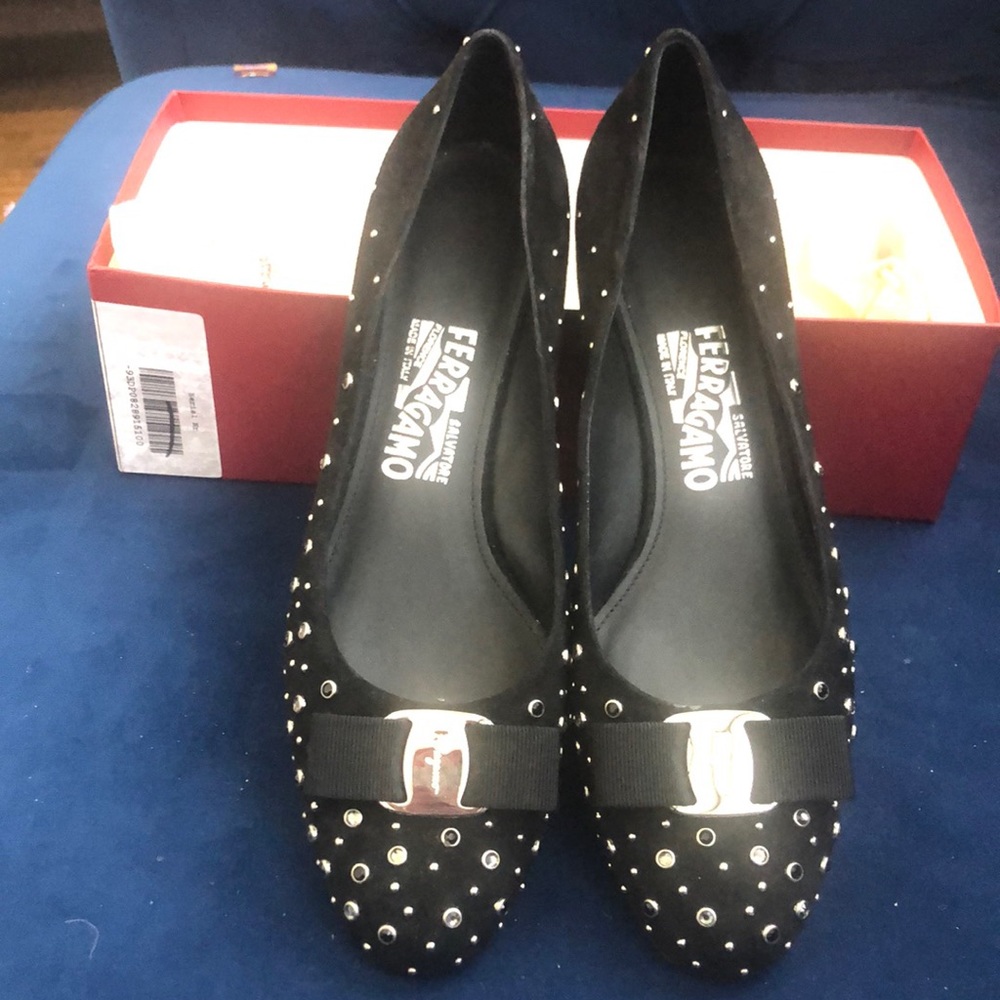 New Ferragamo Vara Suede Heels with Crystals